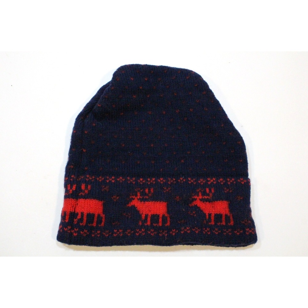 Vintage Stowe Woolens Moose Pattern Blue / Red Knit Ski Hat Made in USA